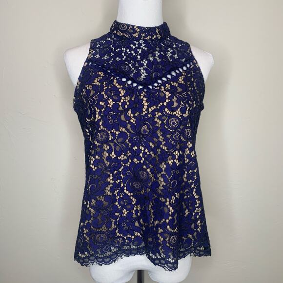 Aqua Navy Blue Lace Sleeveless Blouse Sz Medium - Picture 1 of 7